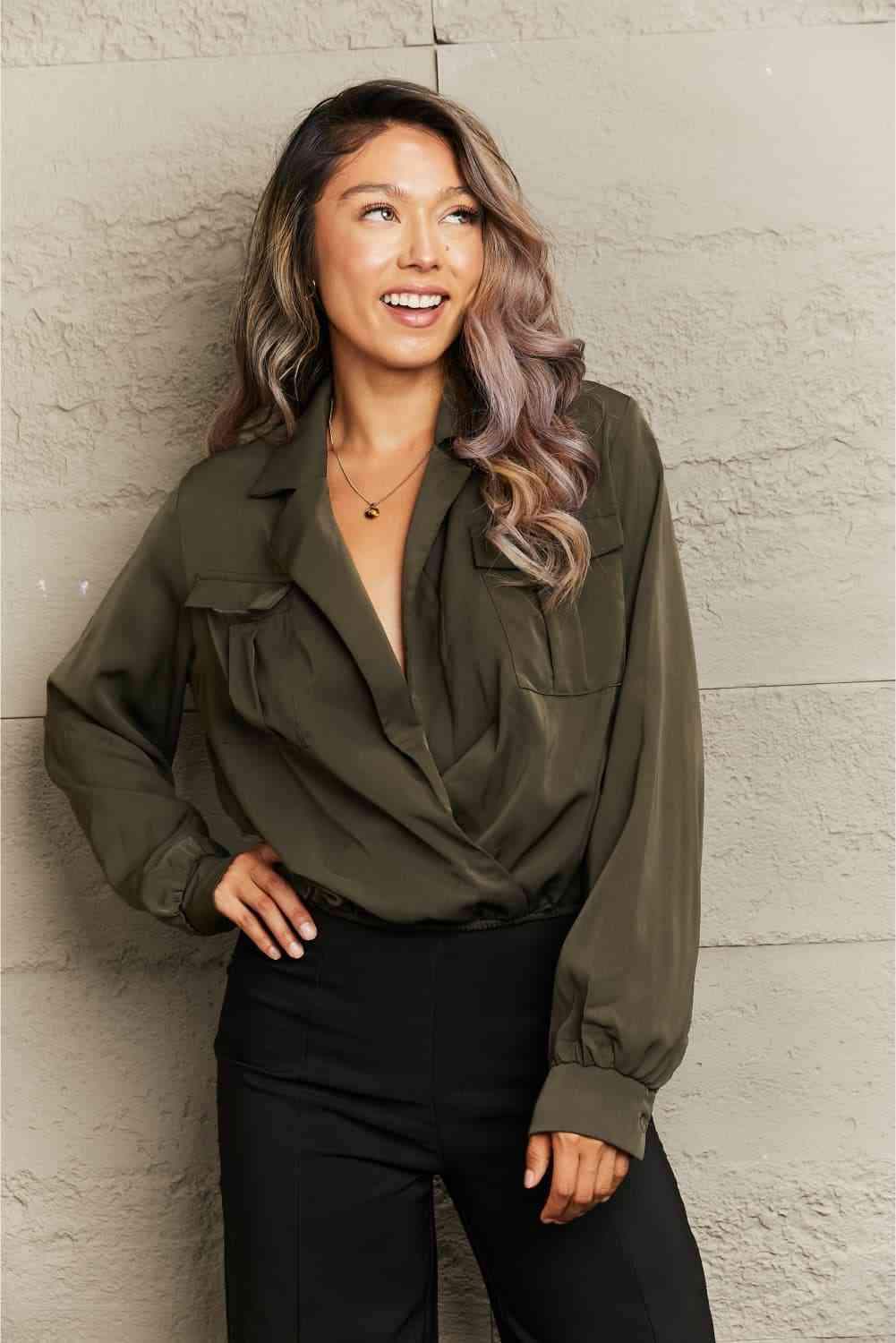 Lapel Collar Long Sleeve Blouse Army Green Blouses - Tophatter Daily Deals