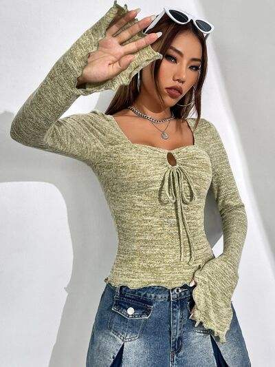 Cutout Drawstring Heathered Long Sleeve T-Shirt Women's T-Shirts - Tophatter Daily Deals