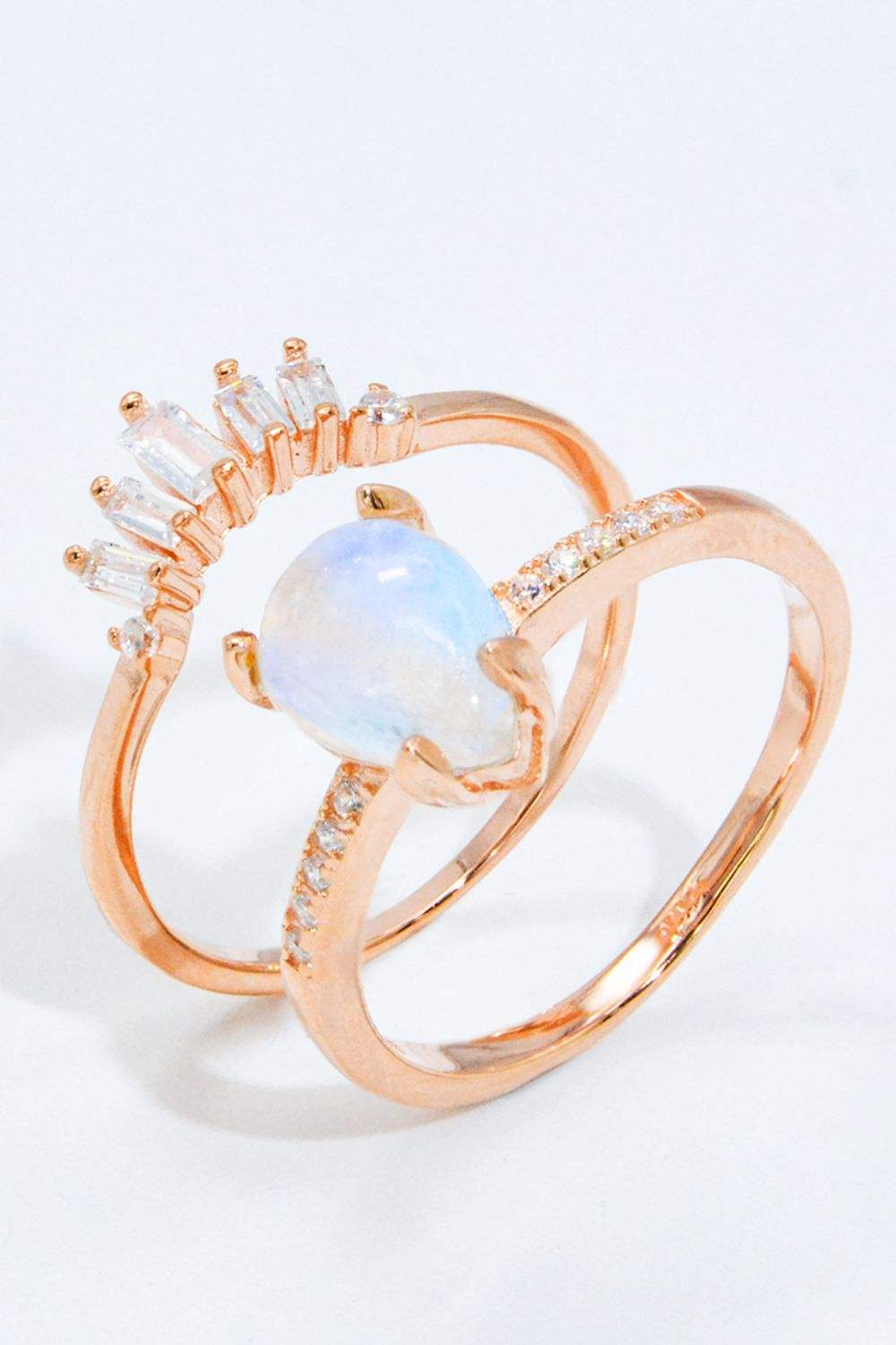 Natural Moonstone and Zircon 18K Rose Gold-Plated Two-Piece Ring Set Rose Gold Moonstone - Tophatter Daily Deals