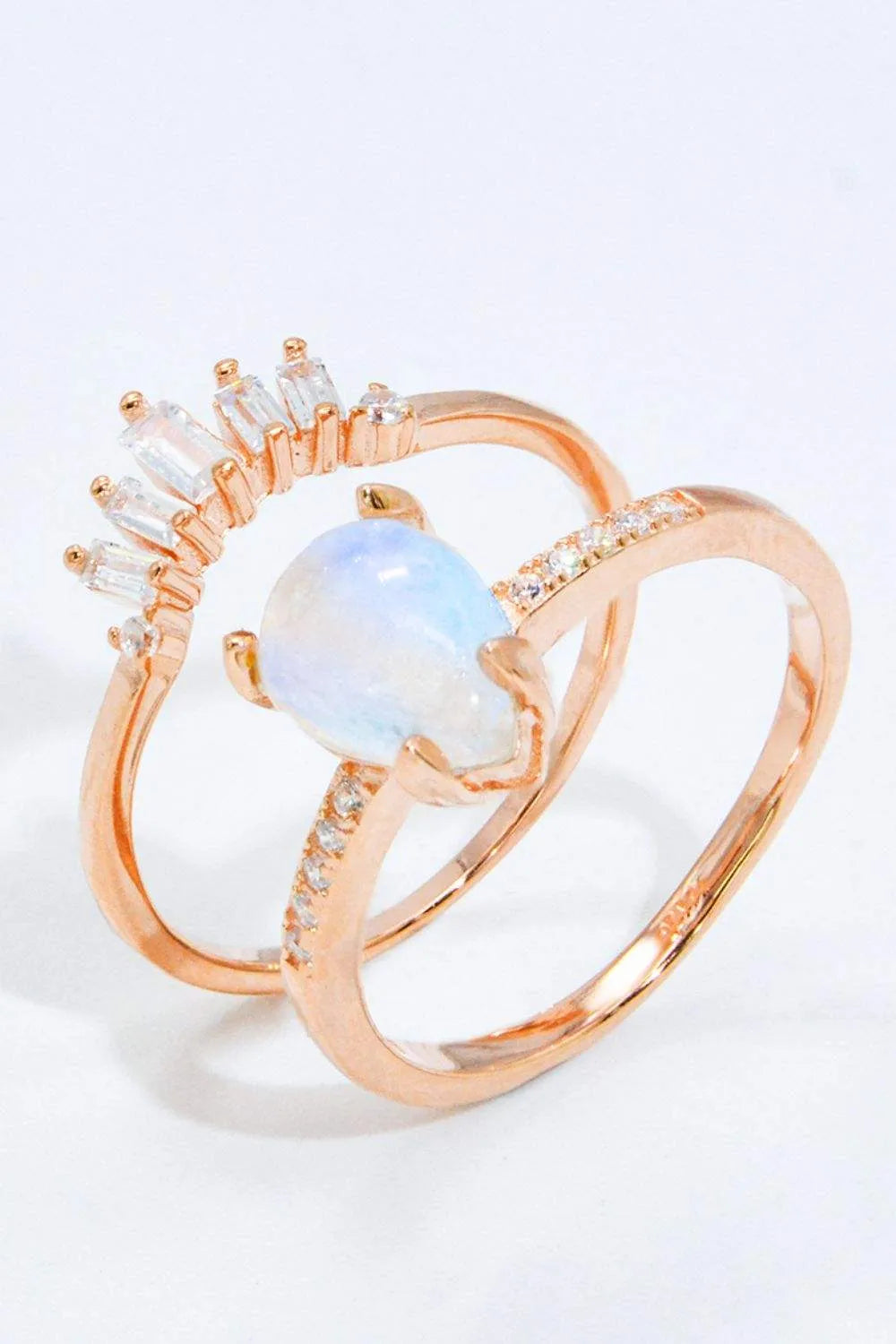 Natural Moonstone and Zircon 18K Rose Gold-Plated Two-Piece Ring Set Rose Gold Moonstone - Tophatter Daily Deals