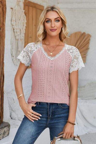 Eyelet V-Neck Lace Short Sleeve T-Shirt Women's T-Shirts - Tophatter Daily Deals