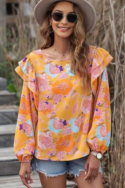 Floral Print Ruffle Puff Sleeve Blouse Blouses - Tophatter Daily Deals