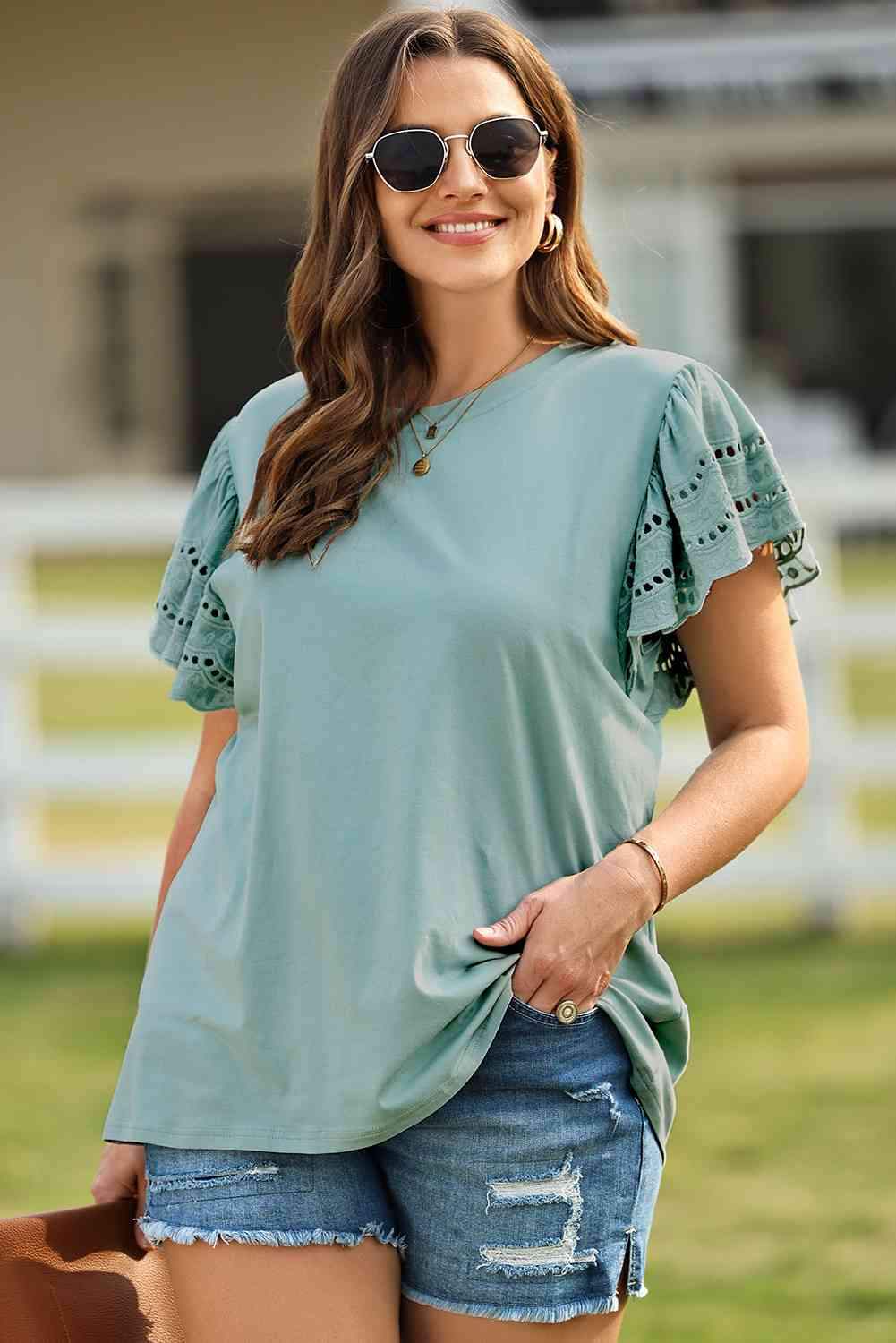 Plus Size Butterfly Sleeve Round Neck Top Blouses - Tophatter Daily Deals