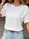 Pom Pom Detail Openwork Flounce Sleeve Blouse Blouses - Tophatter Daily Deals