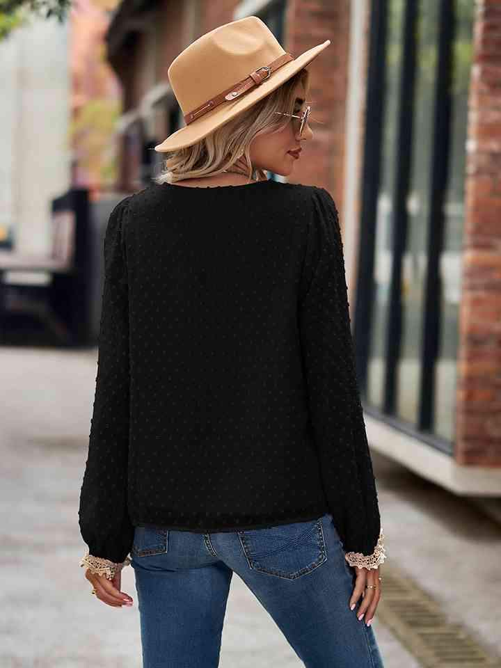 Swiss Dot V-Neck Long Sleeve Blouse Blouses - Tophatter Daily Deals