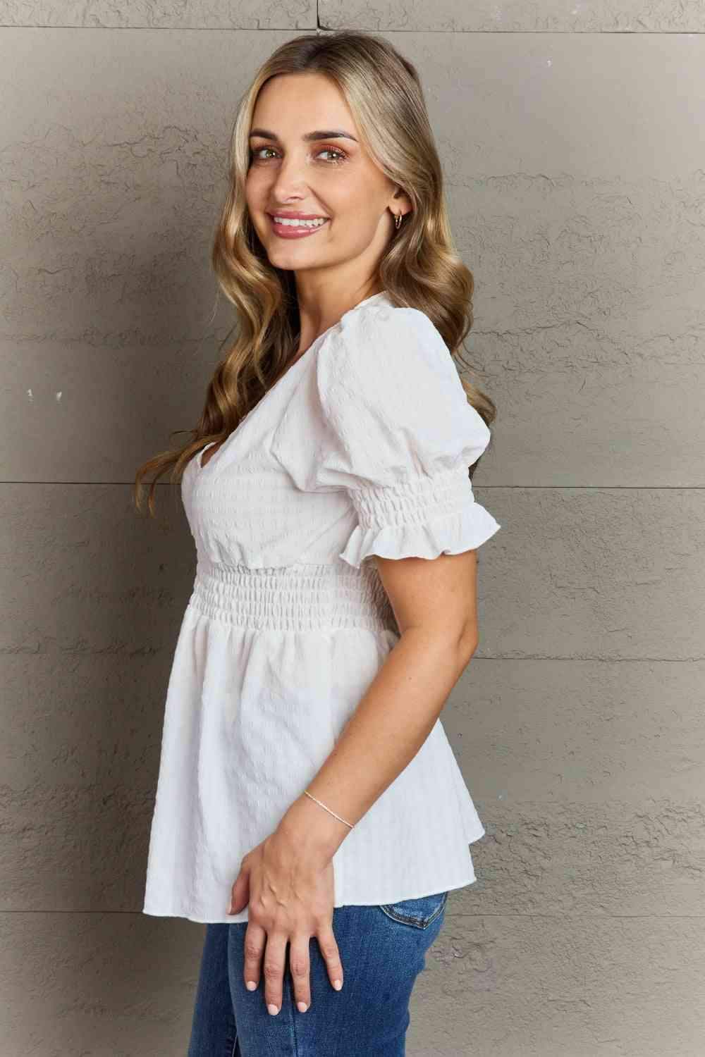 Culture Code Sweet Serenity Full Size V-Neck Puff Sleeve Button Down Top Blouses - Tophatter Daily Deals