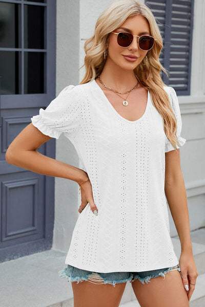 Eyelet Round Neck Flounce Sleeve T-Shirt Women's T-Shirts - Tophatter Daily Deals