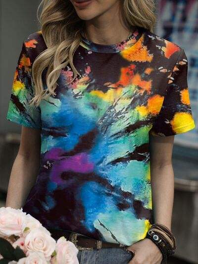 Tie-Dye Round Neck Short Sleeve T-Shirt Women's T-Shirts - Tophatter Daily Deals