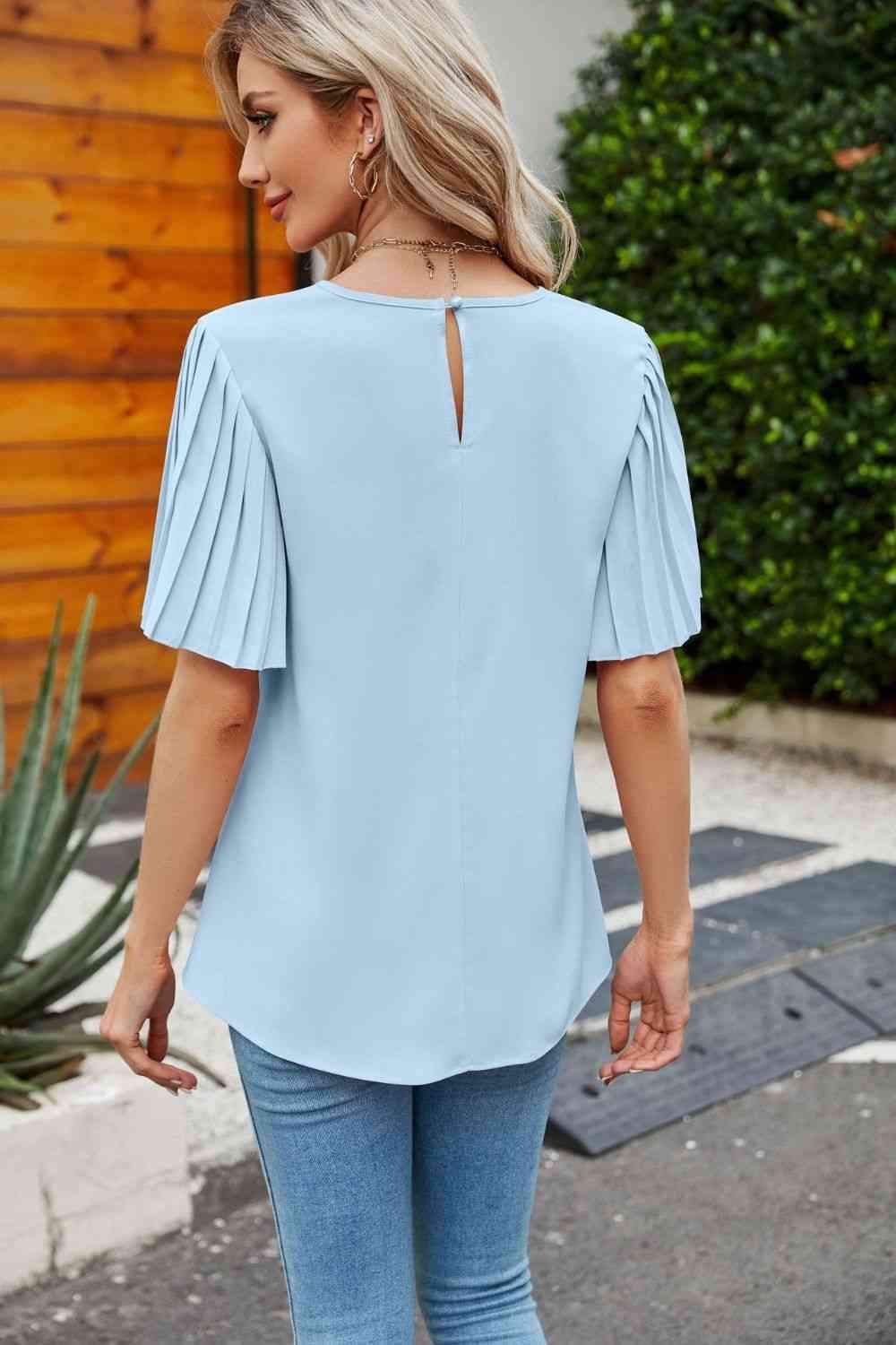 Pleated Flutter Sleeve Round Neck Blouse Blouses - Tophatter Daily Deals