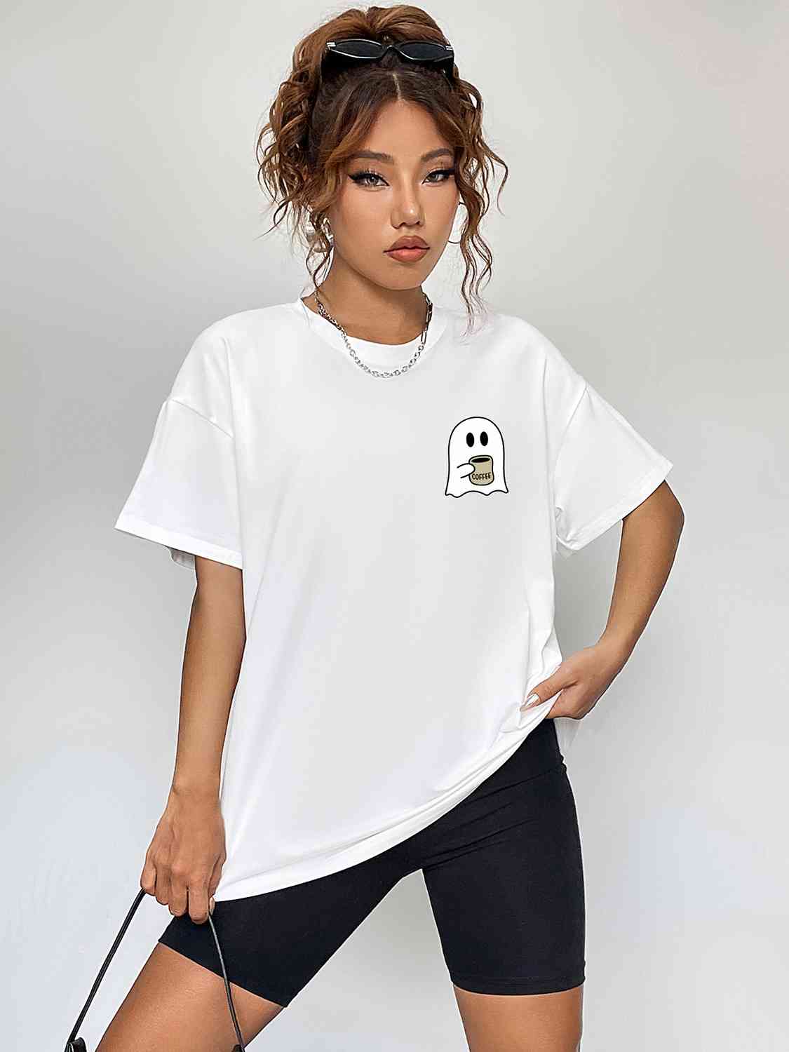 Round Neck Short Sleeve Ghost Graphic T-Shirt Women's T-Shirts - Tophatter Daily Deals