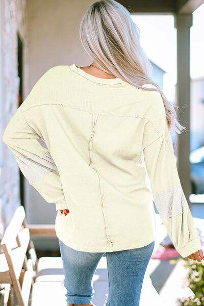 Waffle-Knit Exposed Seam Lantern Sleeve Blouse Blouses - Tophatter Daily Deals