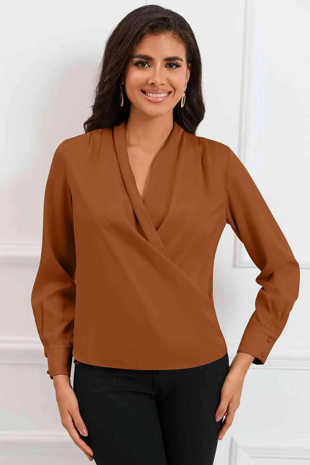 V-Neck Buttoned Long Sleeve Blouse Caramel Blouses - Tophatter Daily Deals