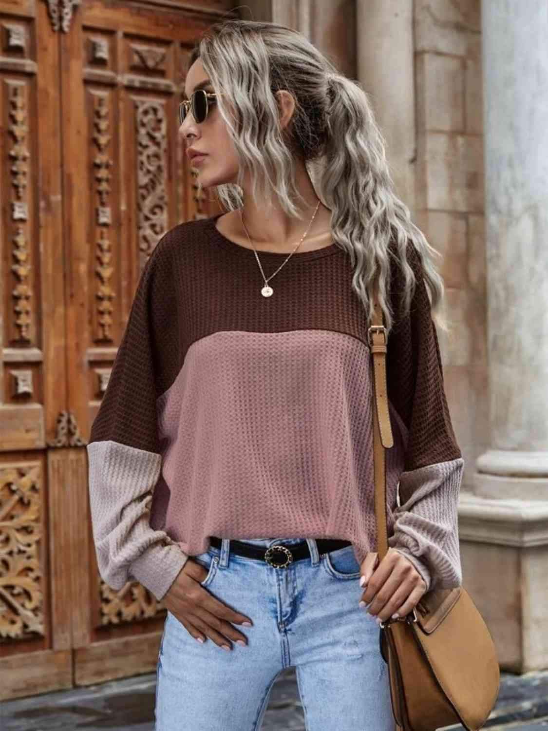 Color Block Waffle-Knit Long Sleeve Top Light Mauve Women's T-Shirts - Tophatter Daily Deals