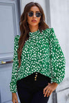 Printed Mock Neck Puff Sleeve Blouse Green Blouses - Tophatter Daily Deals