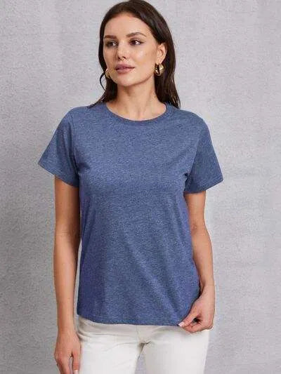 Round Neck Short Sleeve T-Shirt Dusty Blue Women's T-Shirts - Tophatter Daily Deals