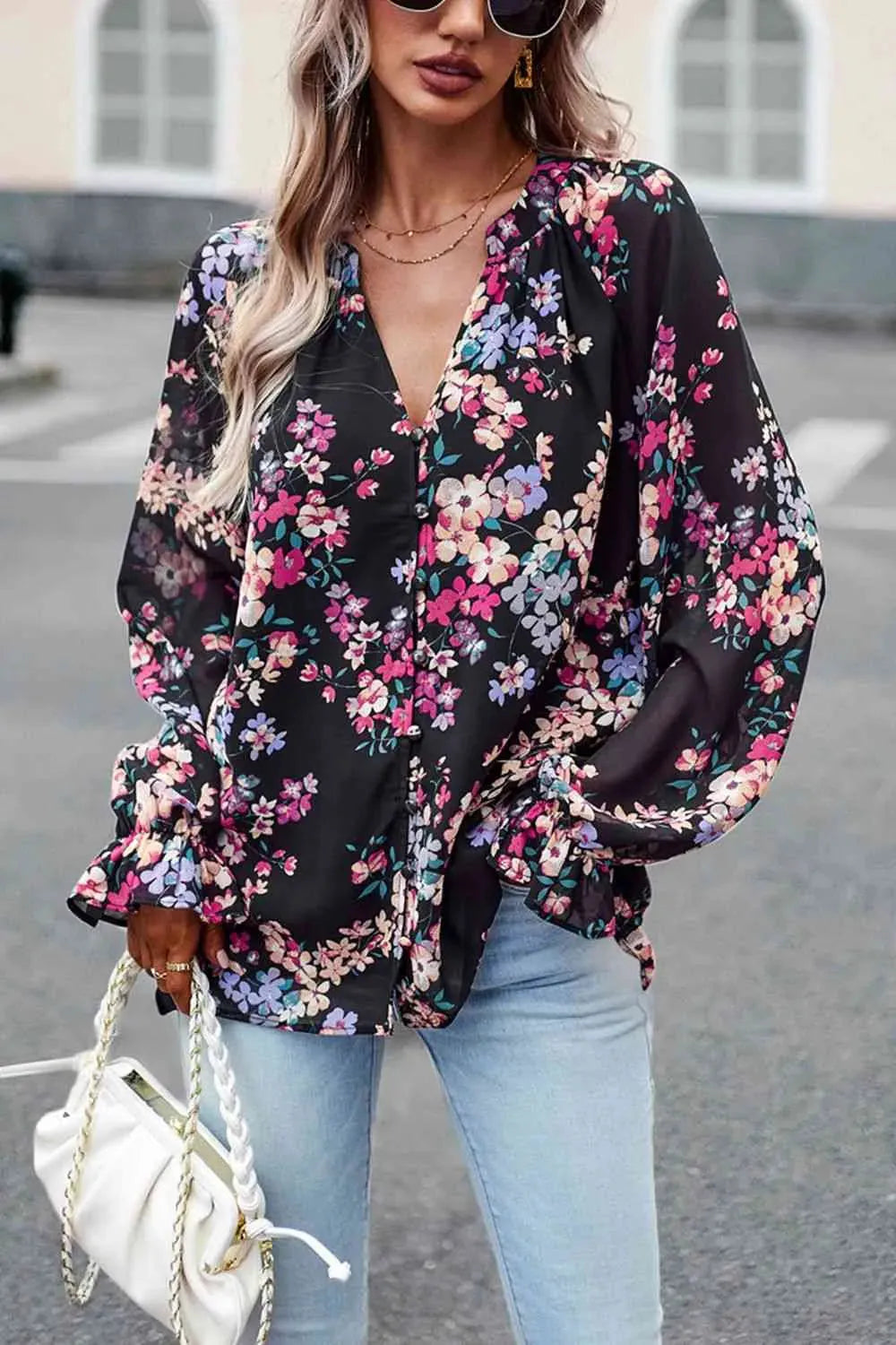 Floral Print Flounce Sleeve Blouse Blouses - Tophatter Daily Deals