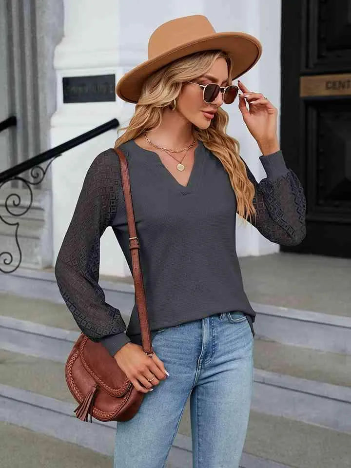 Notched Neck Raglan Sleeve Blouse Charcoal Blouses - Tophatter Daily Deals