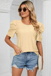 Eyelet Round Neck Puff Sleeve T-Shirt Pastel Yellow Women's T-Shirts - Tophatter Daily Deals