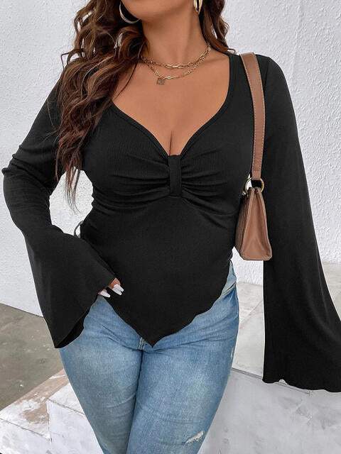 Plunge Flare Sleeve Top Black Blouses - Tophatter Daily Deals