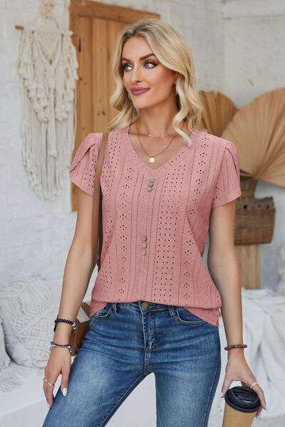 Decorative Button Eyelet V-Neck Short Sleeve T-Shirt Women's T-Shirts - Tophatter Daily Deals