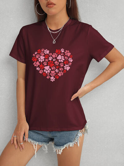 Heart Round Neck Short Sleeve T-Shirt Wine Women's T-Shirts - Tophatter Daily Deals