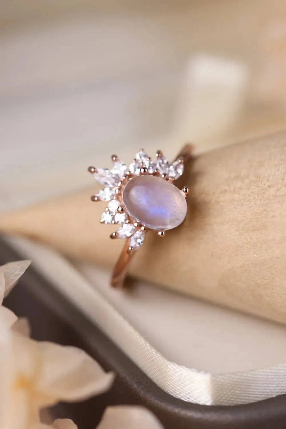 High Quality Natural Moonstone 18K Rose Gold-Plated 925 Sterling Silver Ring Moonstone - Tophatter Daily Deals