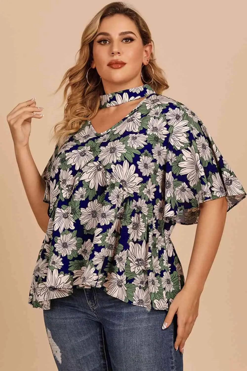 Plus Size Floral Flutter Sleeve Cutout Blouse Blouses - Tophatter Daily Deals