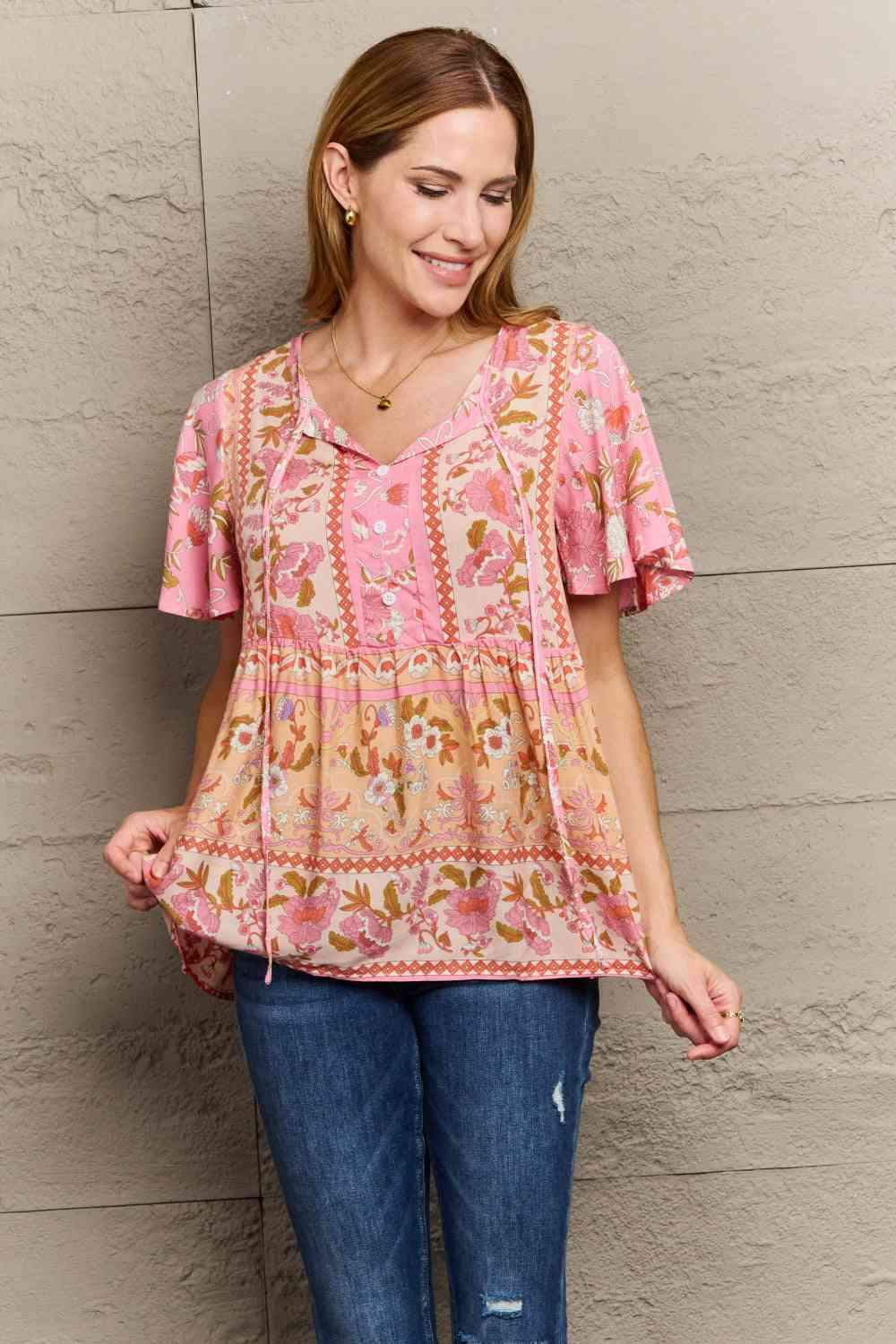 Bohemian Tie-Neck Flutter Sleeve Blouse Blouses - Tophatter Daily Deals