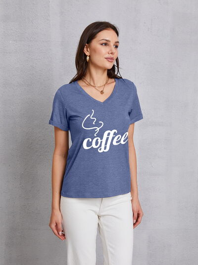 COFFEE V-Neck Short Sleeve T-Shirt Dusty Blue Women's T-Shirts - Tophatter Daily Deals