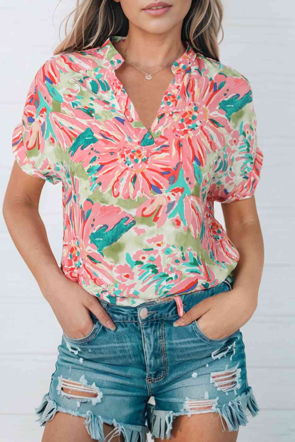 Floral Notched Neck Short Sleeve Top - Tophatter Deals