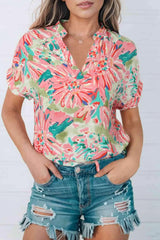 Floral Notched Neck Short Sleeve Top Blouses - Tophatter Daily Deals
