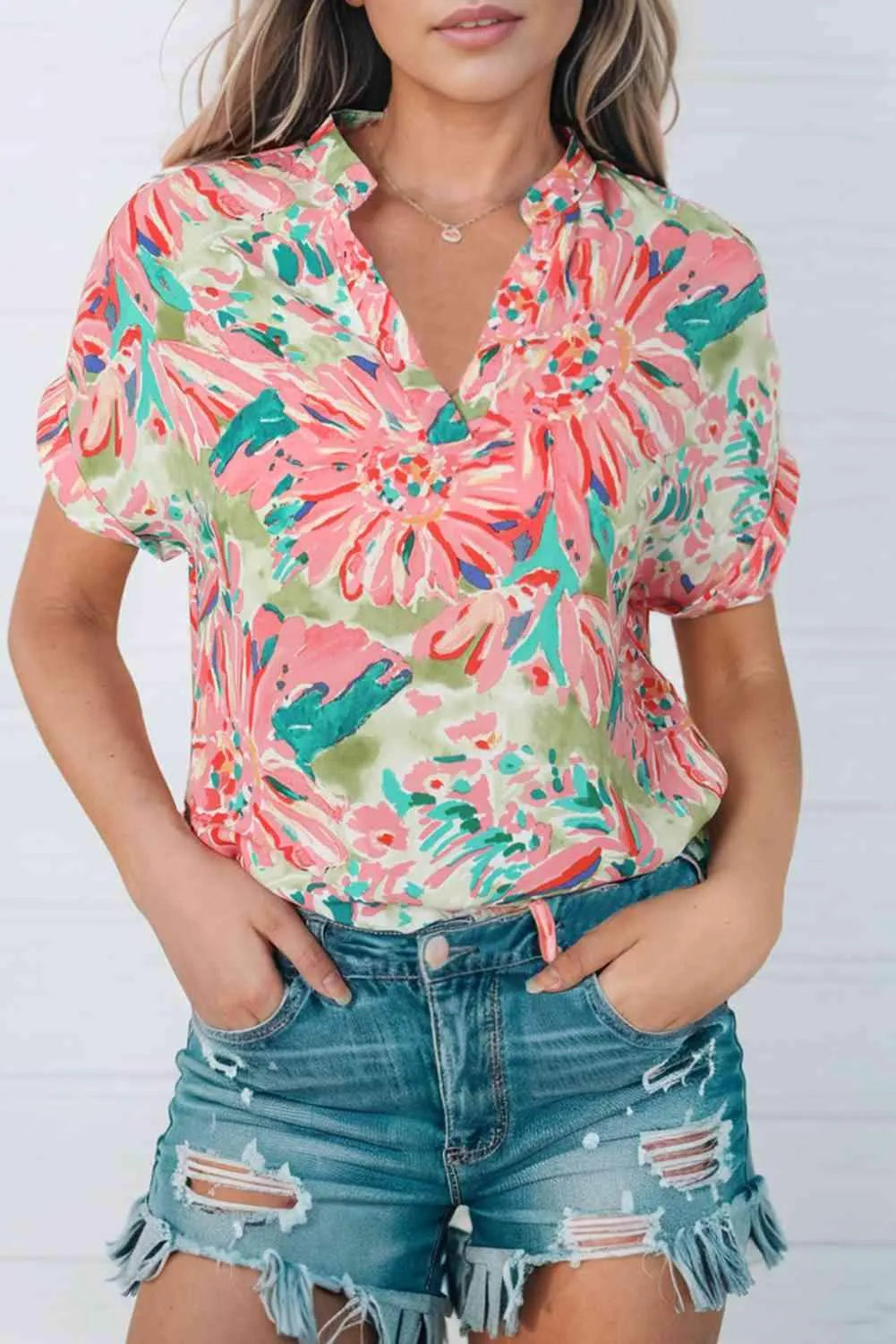 Floral Notched Neck Short Sleeve Top Blouses - Tophatter Daily Deals