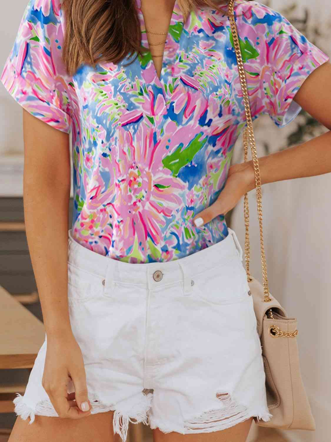 Floral Notched Neck Short Sleeve Top - Tophatter Deals