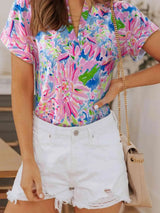 Floral Notched Neck Short Sleeve Top Blouses - Tophatter Daily Deals