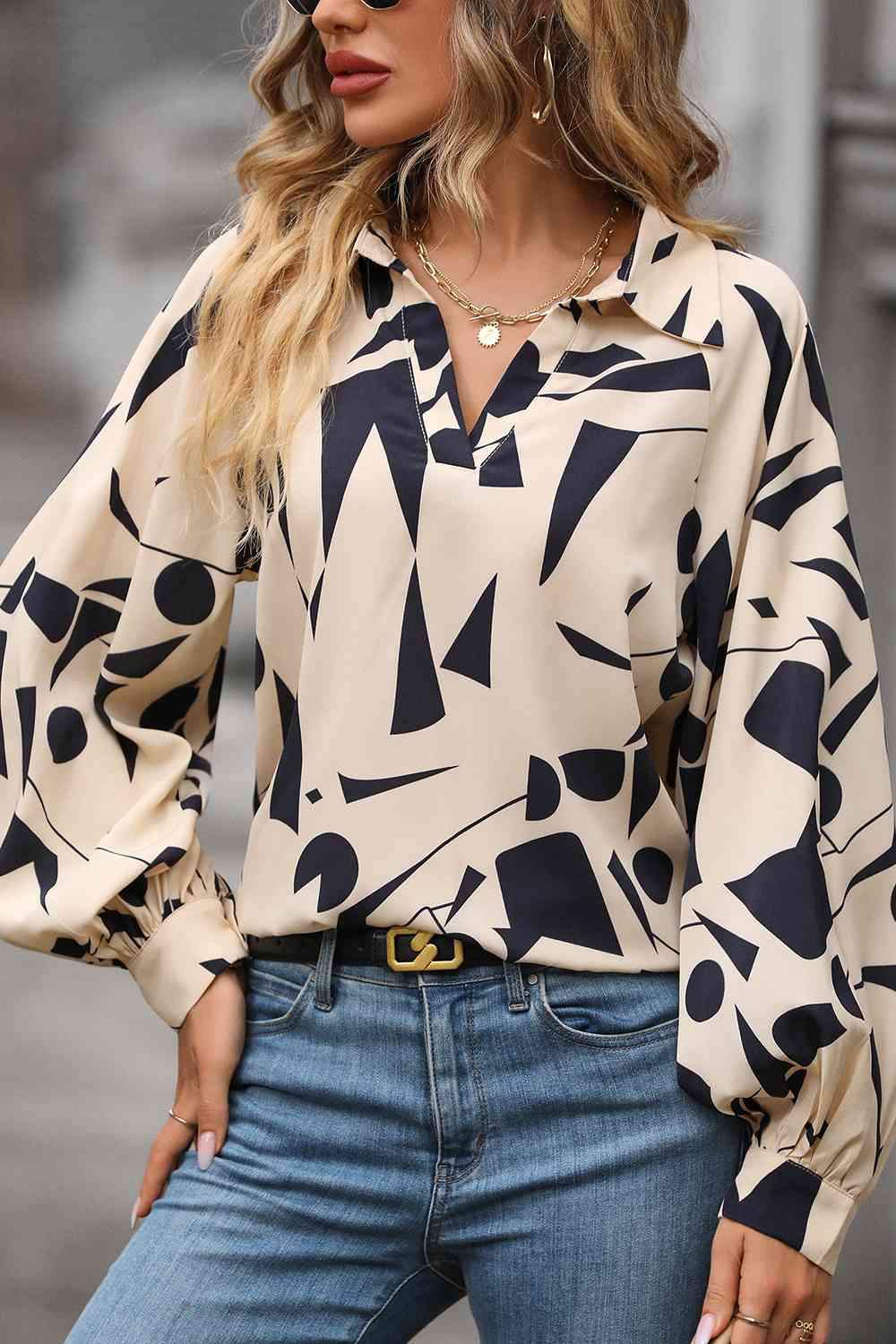 Printed Johnny Collar Blouse Blouses - Tophatter Daily Deals