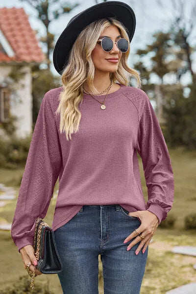 Eyelet Round Neck Long Sleeve T-Shirt Lilac Women's T-Shirts - Tophatter Daily Deals