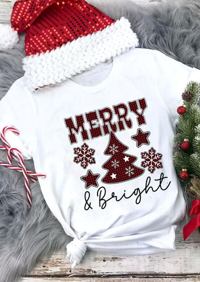 MERRY & BRIGHT Round Neck Short Sleeve T-Shirt Women's T-Shirts - Tophatter Daily Deals