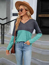 V-Neck Long Sleeve Two-Tone T-Shirt Teal Women's T-Shirts - Tophatter Daily Deals