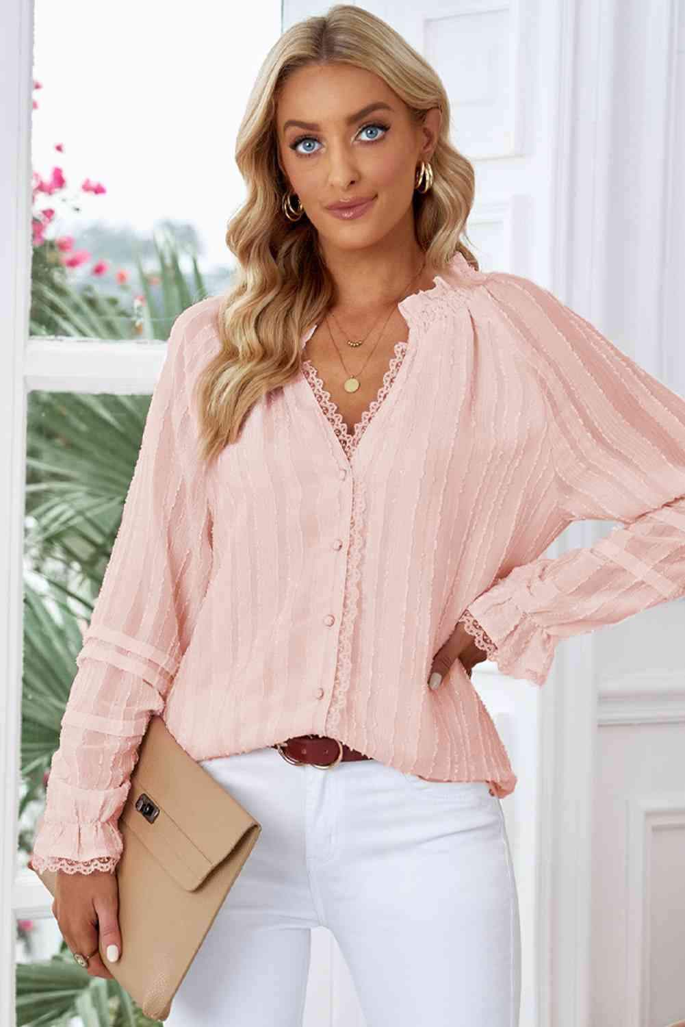 Lace Detail Frill Trim Flounce Sleeve Blouse Blouses - Tophatter Daily Deals