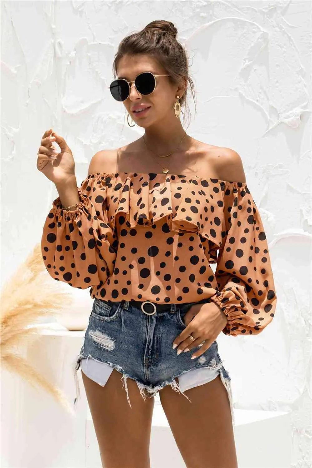 Polka Dot Off-Shoulder Layered Blouse Ochre Blouses - Tophatter Daily Deals