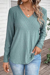 Eyelet V-Neck Long Sleeve T-Shirt Teal Women's T-Shirts - Tophatter Daily Deals