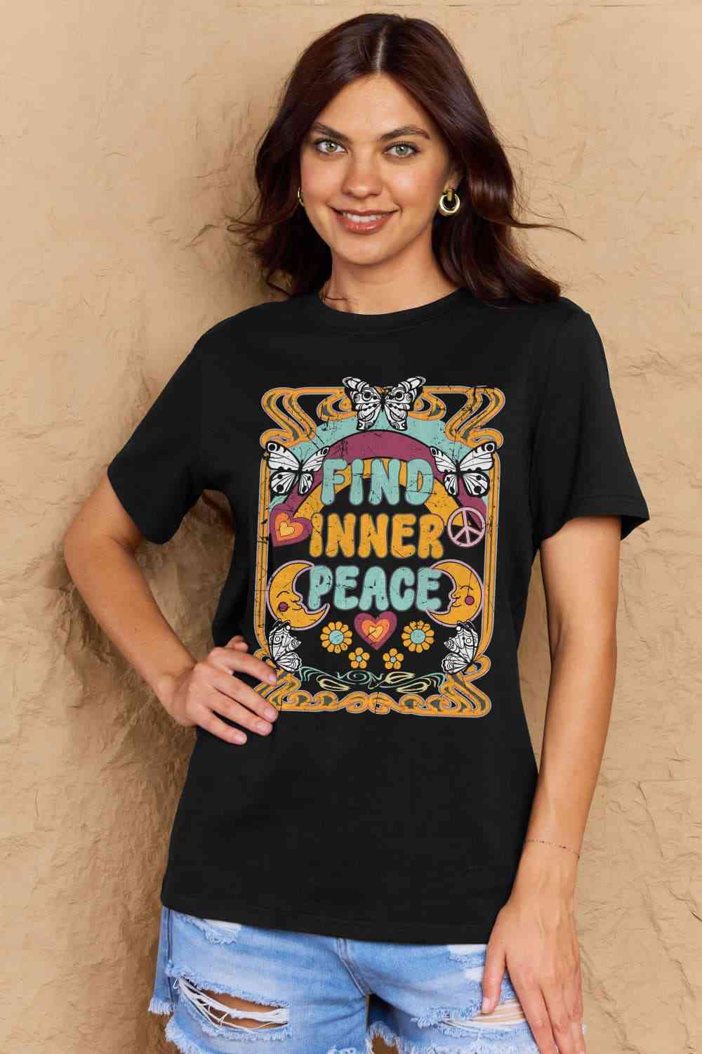 Simply Love Full Size FIND INNER PEACE Graphic Cotton T-Shirt Black Women's T-Shirts - Tophatter Daily Deals