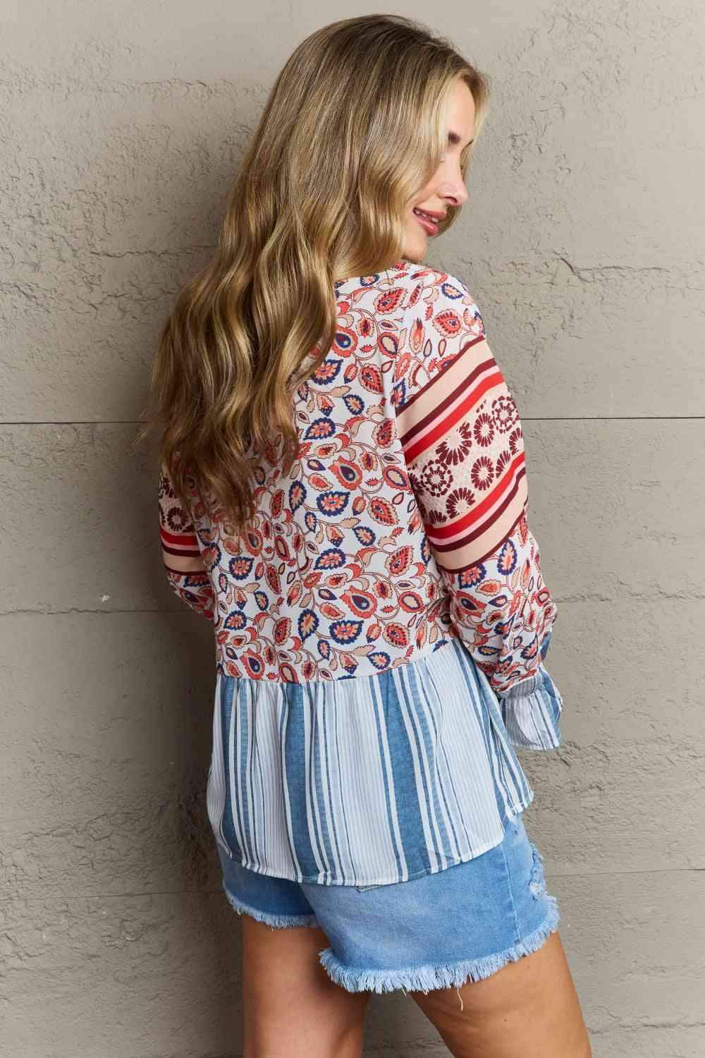 Floral Striped Flounce Sleeve Blouse Blouses - Tophatter Daily Deals