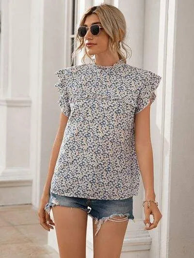 Ditsy Floral Mock Neck Cap Sleeve T-Shirt Women's T-Shirts - Tophatter Daily Deals