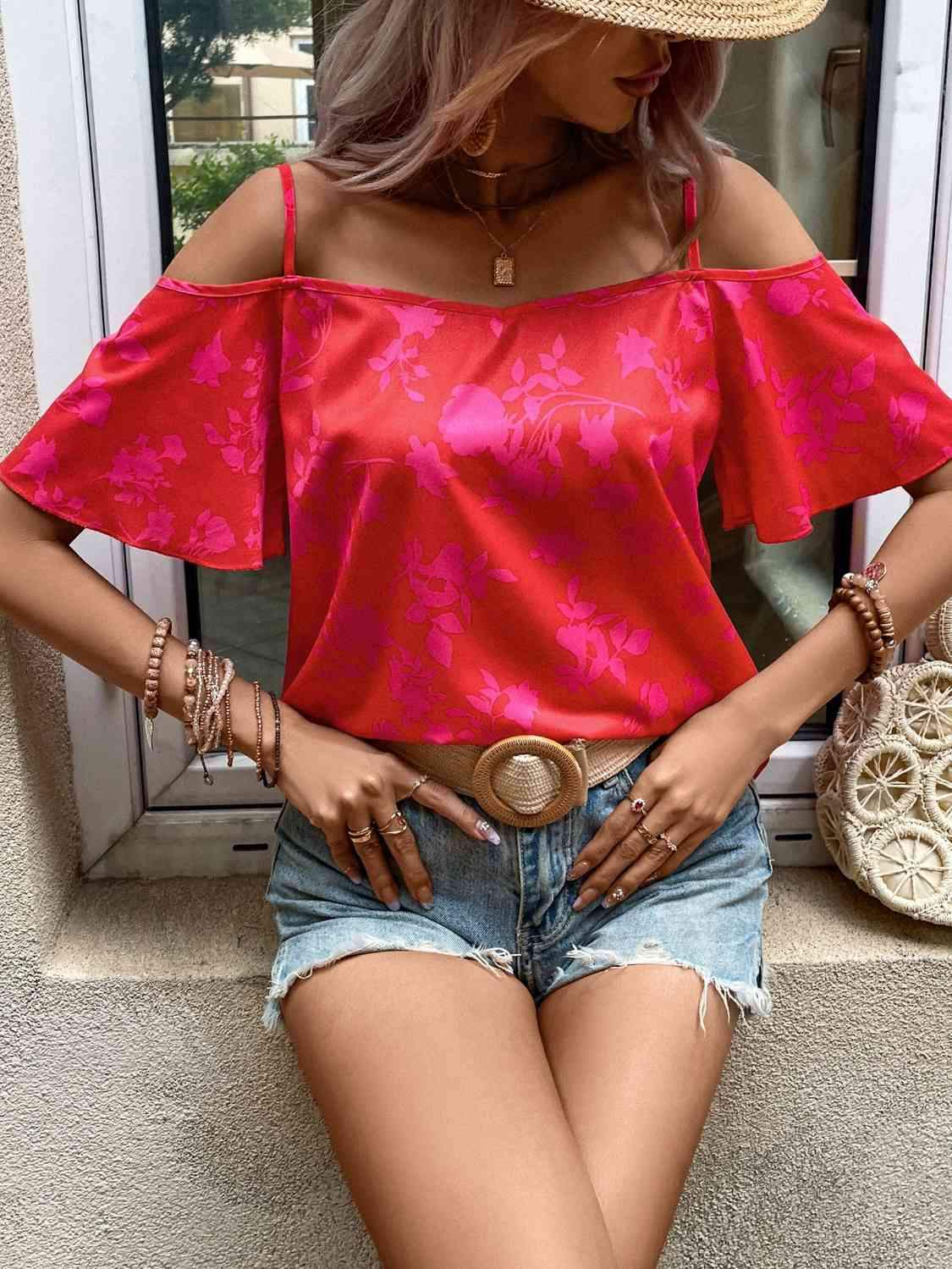 Cold Shoulder Short Flare Sleeve Blouse Strawberry Blouses - Tophatter Daily Deals