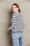 Double Take Striped Johnny Collar Long Sleeve Knit Top Blouses - Tophatter Daily Deals