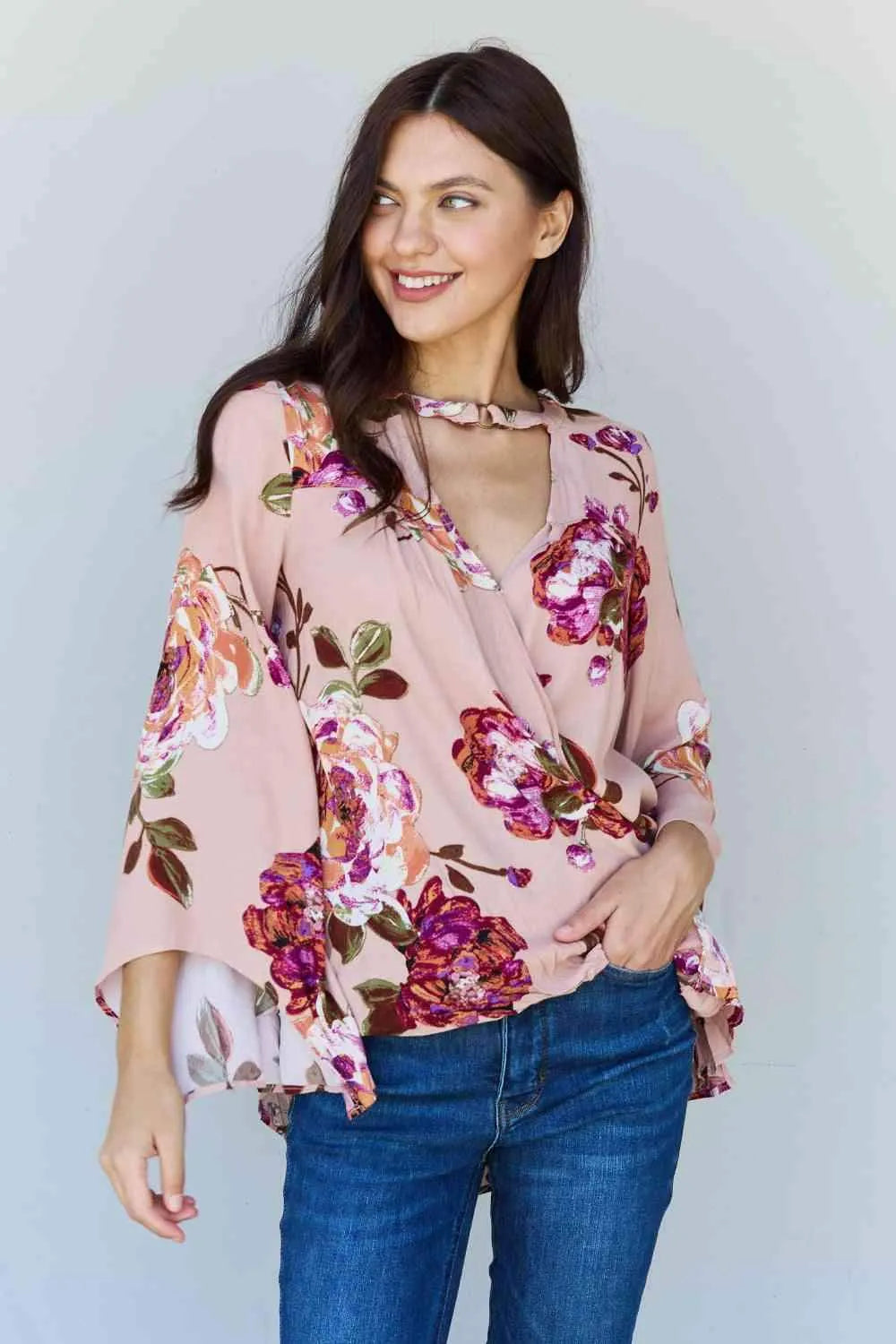 ODDI Full Size Floral Bell Sleeve Crepe Top Floral Blouses - Tophatter Daily Deals