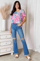 Double Take Floral V-Neck Short Sleeve Blouse Women's T-Shirts - Tophatter Daily Deals