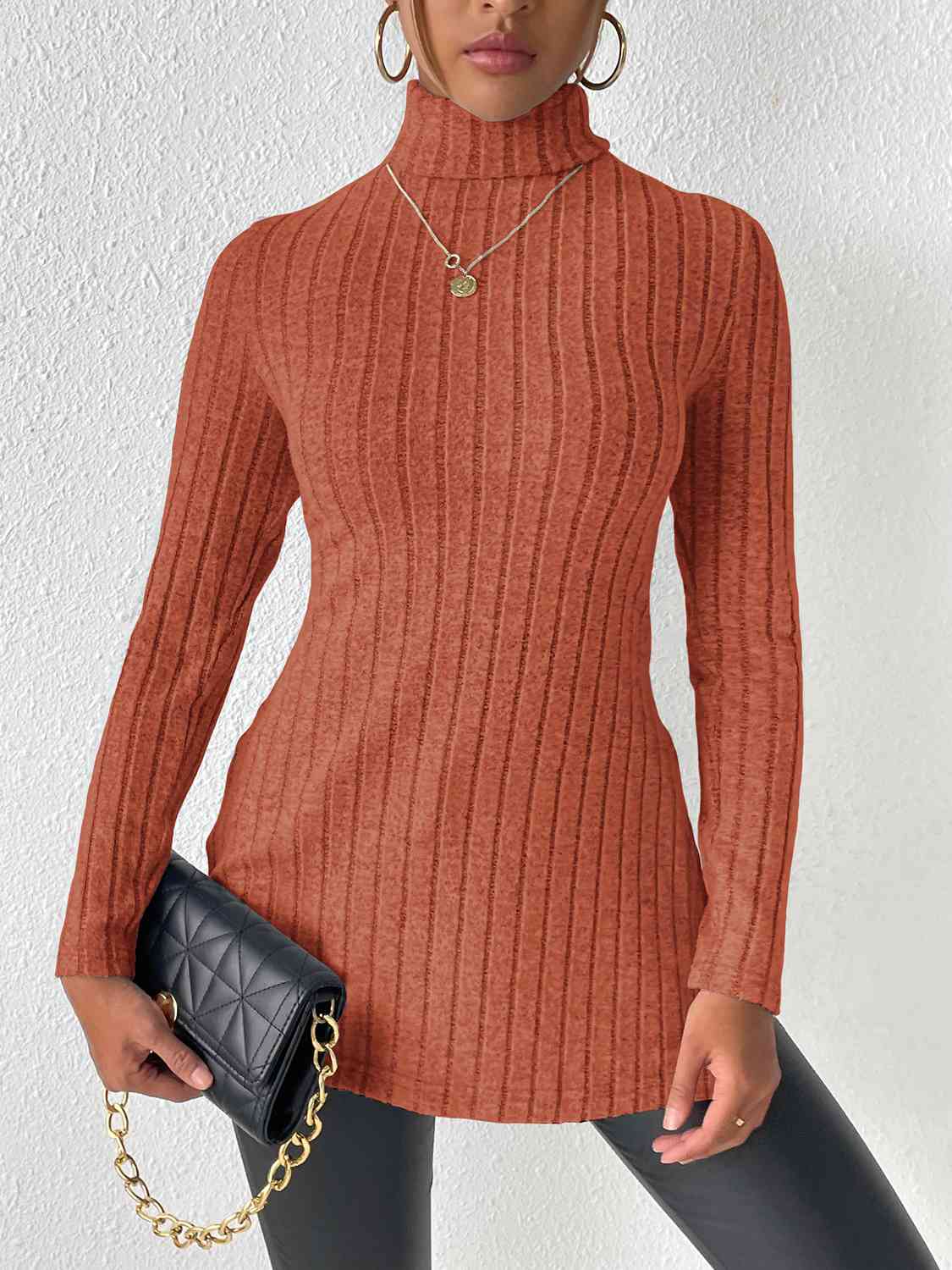 Ribbed Turtleneck Long Sleeve Slit T-Shirt Chestnut Women's T-Shirts - Tophatter Daily Deals