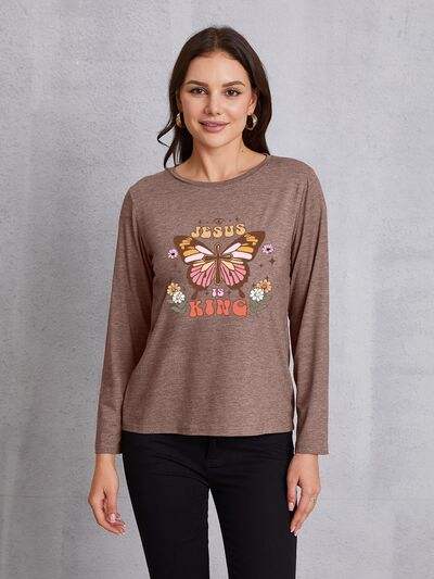 Graphic Round Neck Long Sleeve T-Shirt Mocha Women's T-Shirts - Tophatter Daily Deals